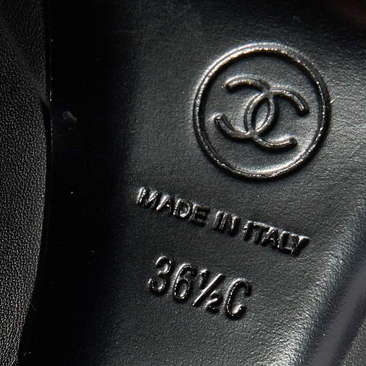 Pre Owned Chanel Black Patent and Leather CC Cap Toe Chain Platform Booties Size 36.5 