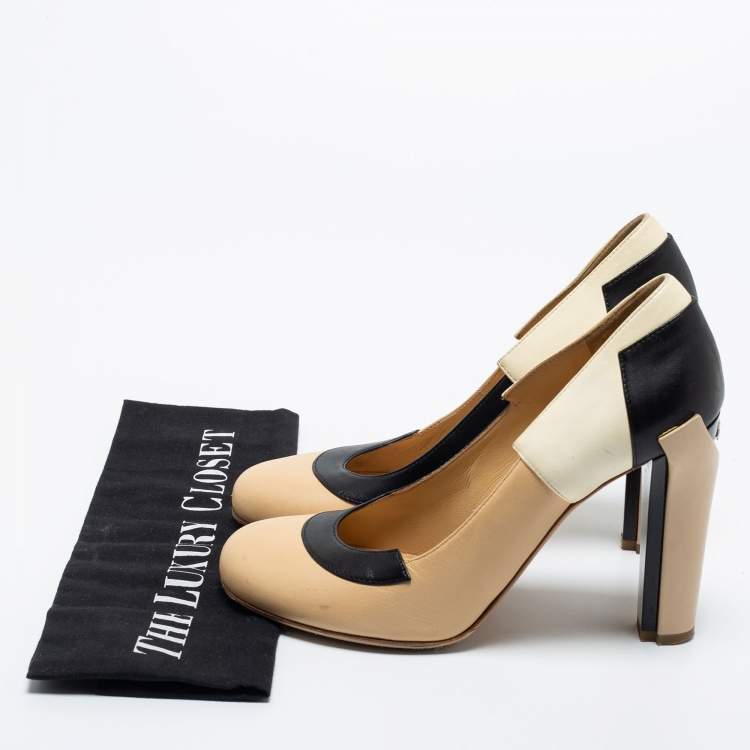 Pre Owned Chanel Tricolor Leather Round Toe Pumps Size 38