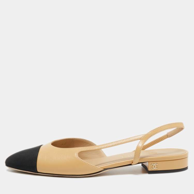 Chanel Beige/Black Leather and Canvas Slingback Flat Sandals Size 39.5  Chanel | The Luxury Closet