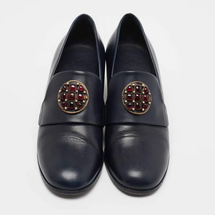 Pre Owned Chanel Navy Blue Leather Buckle Loafer Pumps Size 40