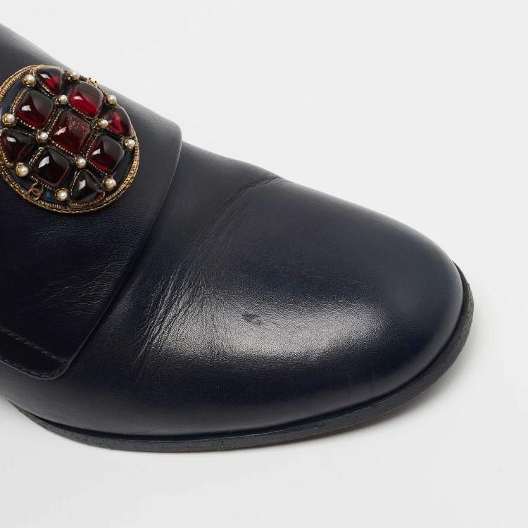 Pre Owned Chanel Navy Blue Leather Buckle Loafer Pumps Size 40