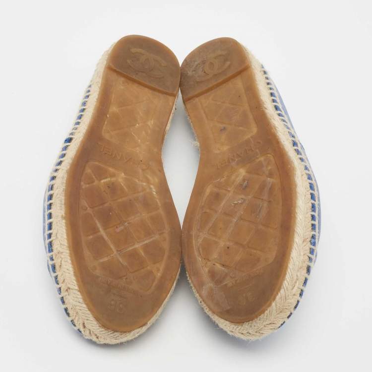 Pre Owned Chanel Blue Leather CC Espadrille Flats Size 36