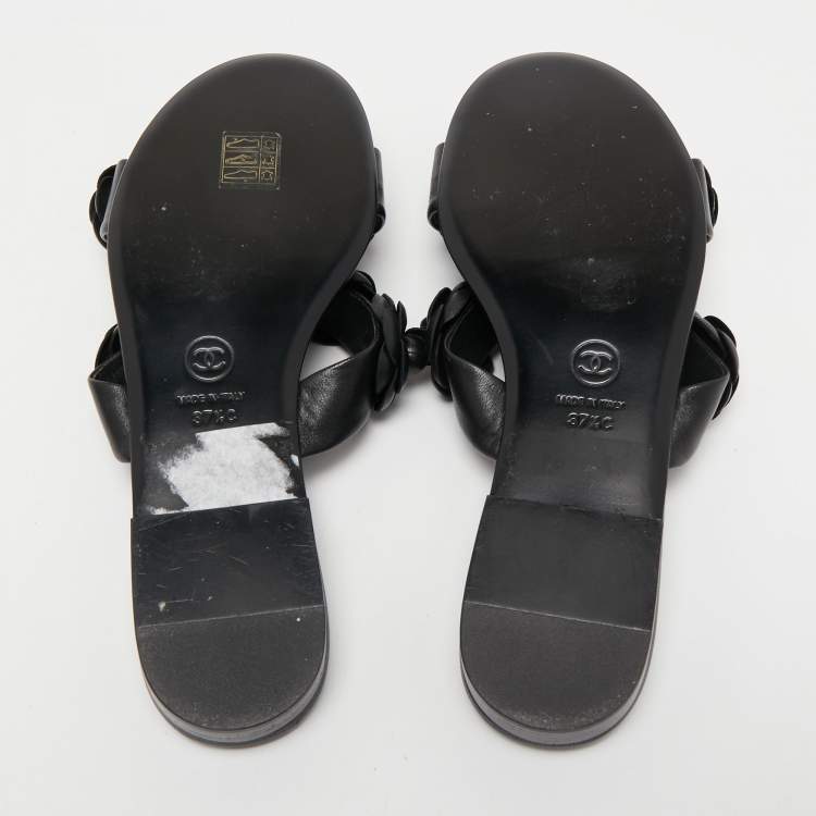 Pre Owned Chanel Black Leather Camellia Flat Slides Size 37.5
