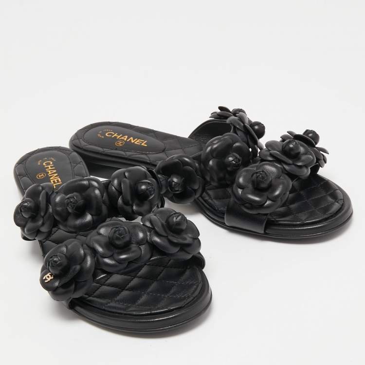 Pre Owned Chanel Black Leather Camellia Flat Slides Size 37.5