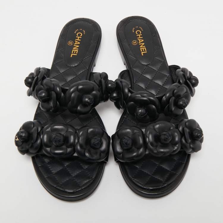 Pre Owned Chanel Black Leather Camellia Flat Slides Size 37.5