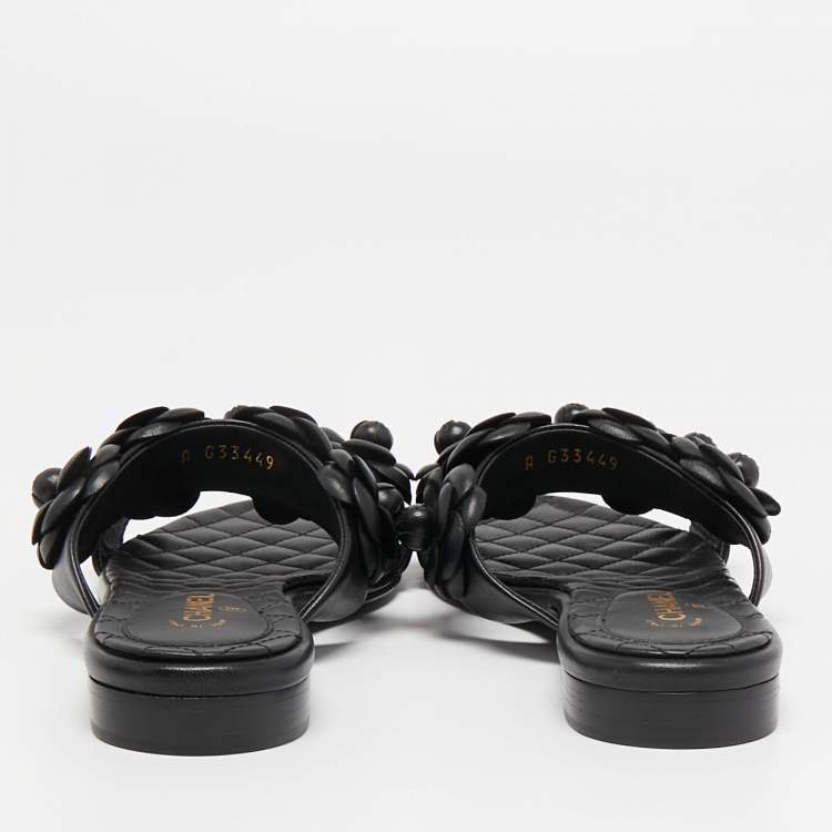 Pre Owned Chanel Black Leather Camellia Flat Slides Size 37.5