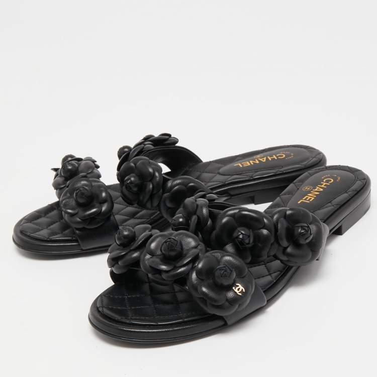 Pre Owned Chanel Black Leather Camellia Flat Slides Size 37.5