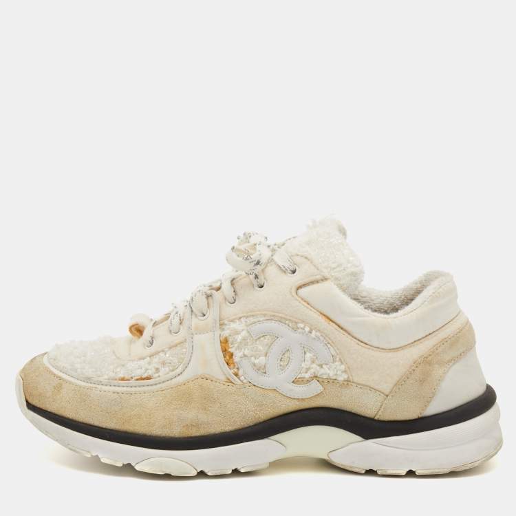 BNIB Authentic CHANEL Runway 23C Sneakers Trainer Gold/White/Silver Size  36.5