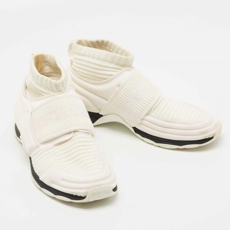 Pre Owned Chanel White Fabric Sock Sneakers Size 37