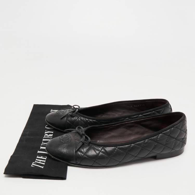 Pre Owned Chanel Black Quilted Leather CC Bow Ballet Flats Size 40