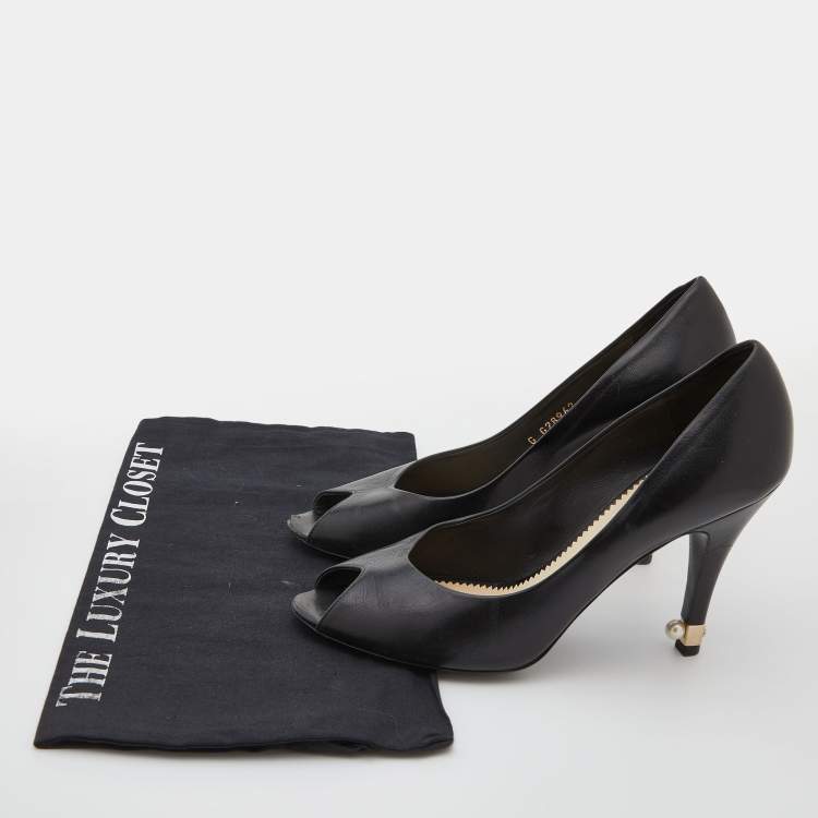 Pre Owned Chanel Black Leather Peep Toe CC Pearl Heel Pumps Size 38.5