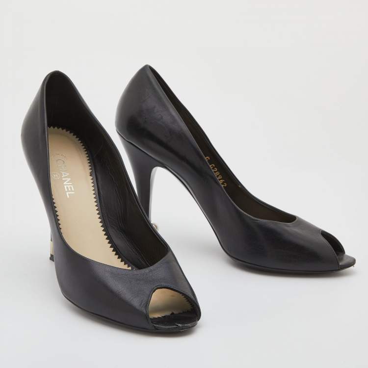 Pre Owned Chanel Black Leather Peep Toe CC Pearl Heel Pumps Size 38.5