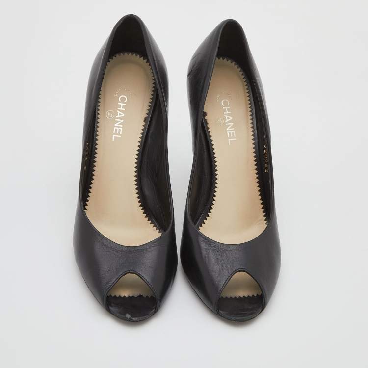 Pre Owned Chanel Black Leather Peep Toe CC Pearl Heel Pumps Size 38.5