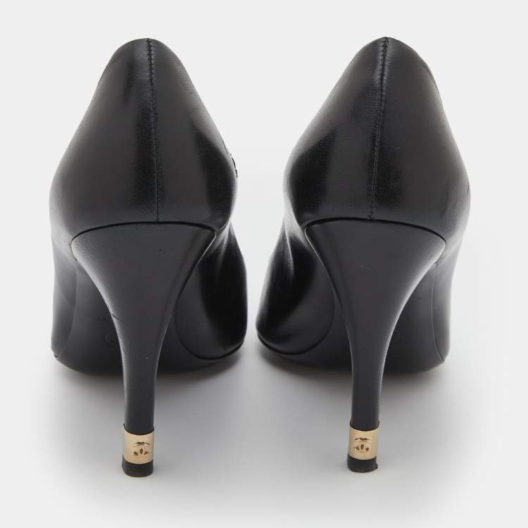 Pre Owned Chanel Black Leather Peep Toe CC Pearl Heel Pumps Size 38.5