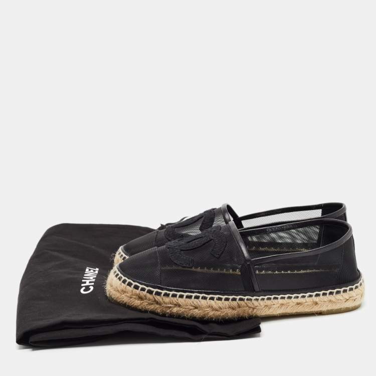Pre Owned Chanel Black Mesh and Leather CC Cap Toe Espadrille Flats Size 36