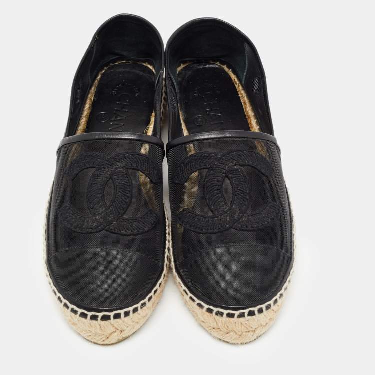 Pre Owned Chanel Black Mesh and Leather CC Cap Toe Espadrille Flats Size 36