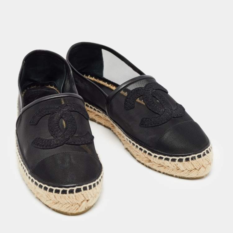 Pre Owned Chanel Black Mesh and Leather CC Cap Toe Espadrille Flats Size 36