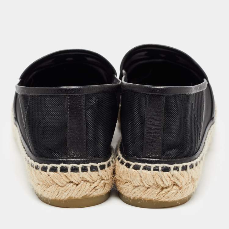 Pre Owned Chanel Black Mesh and Leather CC Cap Toe Espadrille Flats Size 36