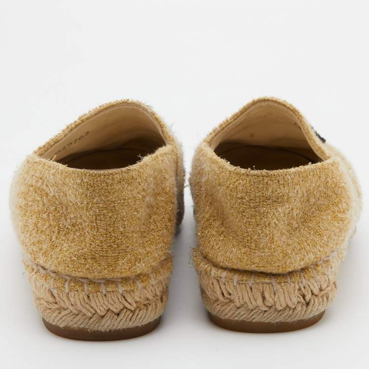 Pre Owned Chanel Yellow/Black Metallic Fabric CC Cap Toe Espadrilles Flats Size 37