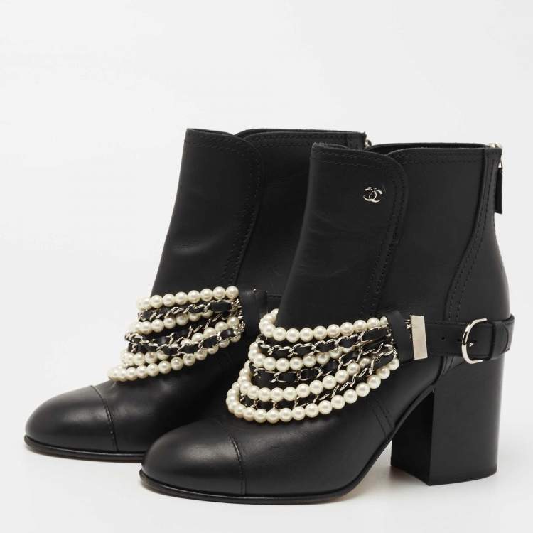 Chanel Black Leather Pearl Crystal Embellished CC Logo Ankle Boots