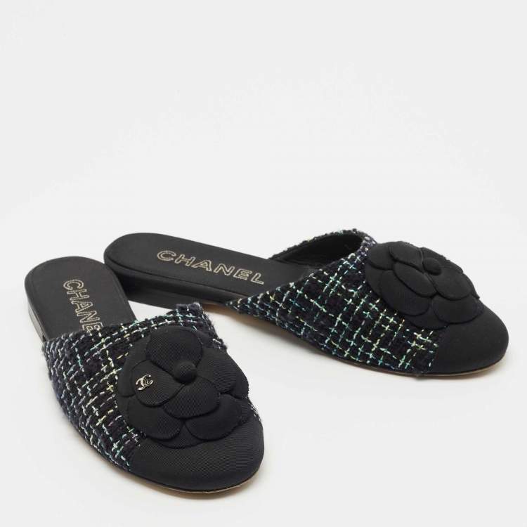 Pre Owned Chanel Black/Green Tweed and Fabric CC Camelia Flat Mules Size 38.5