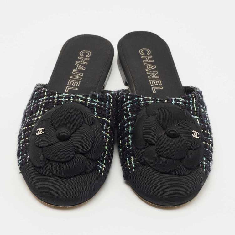 Pre Owned Chanel Black/Green Tweed and Fabric CC Camelia Flat Mules Size 38.5
