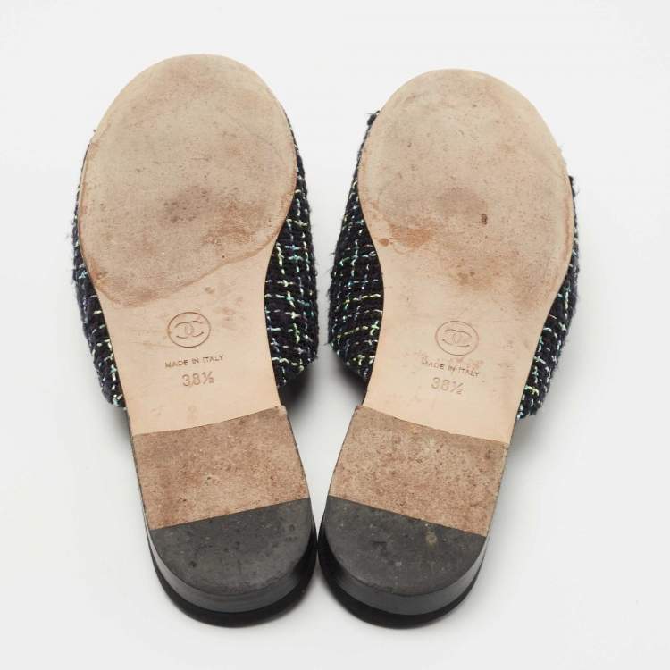 Pre Owned Chanel Black/Green Tweed and Fabric CC Camelia Flat Mules Size 38.5