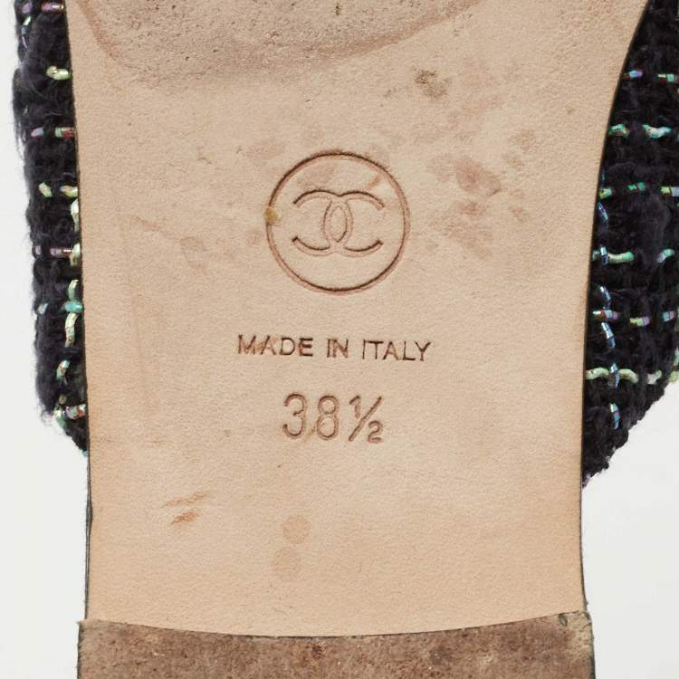 Pre Owned Chanel Black/Green Tweed and Fabric CC Camelia Flat Mules Size 38.5