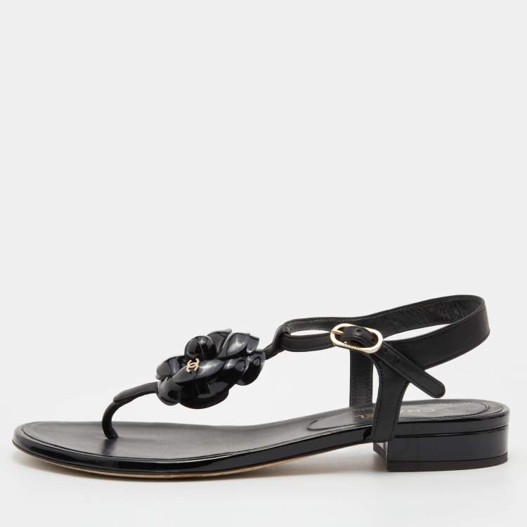Chanel Black Patent and Leather CC Camellia T-Strap Sandals Size 37.5  Chanel | The Luxury Closet