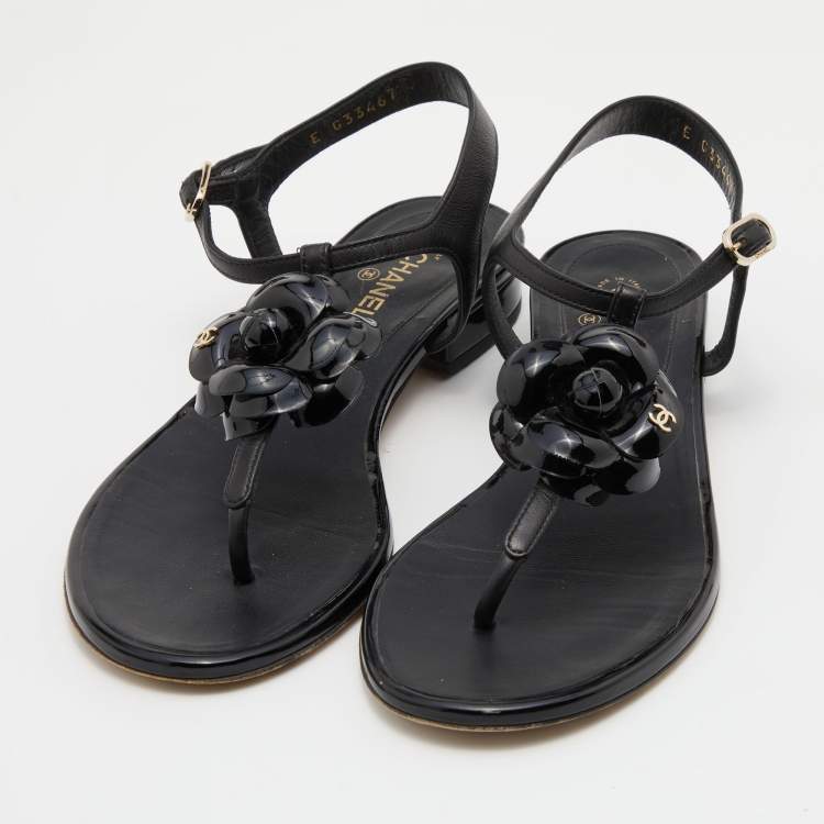Chanel Black Patent and Leather CC Camellia T-Strap Sandals Size 37.5 Chanel