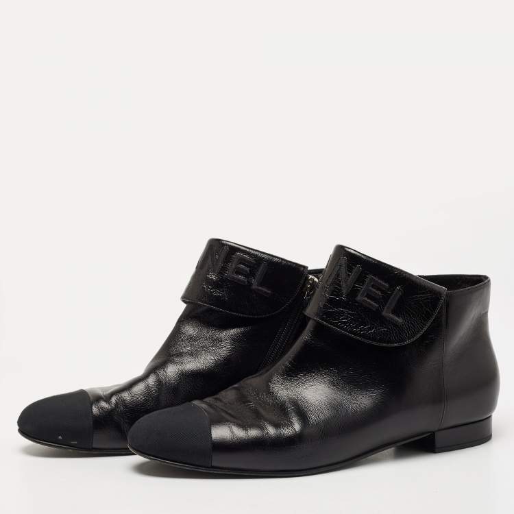 Chanel Black Leather and Canvas Cap Toe Fold Over Logo Ankle Boots