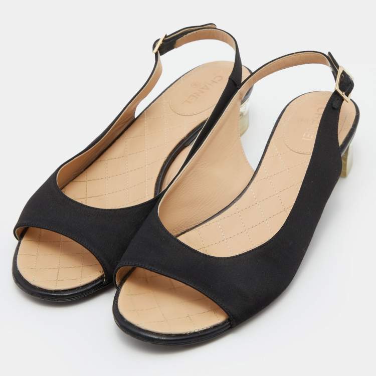 Pre Owned Chanel Black Satin Open Toe Block Heel Slingback Pumps Size 38.5