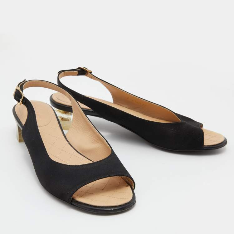 Pre Owned Chanel Black Satin Open Toe Block Heel Slingback Pumps Size 38.5
