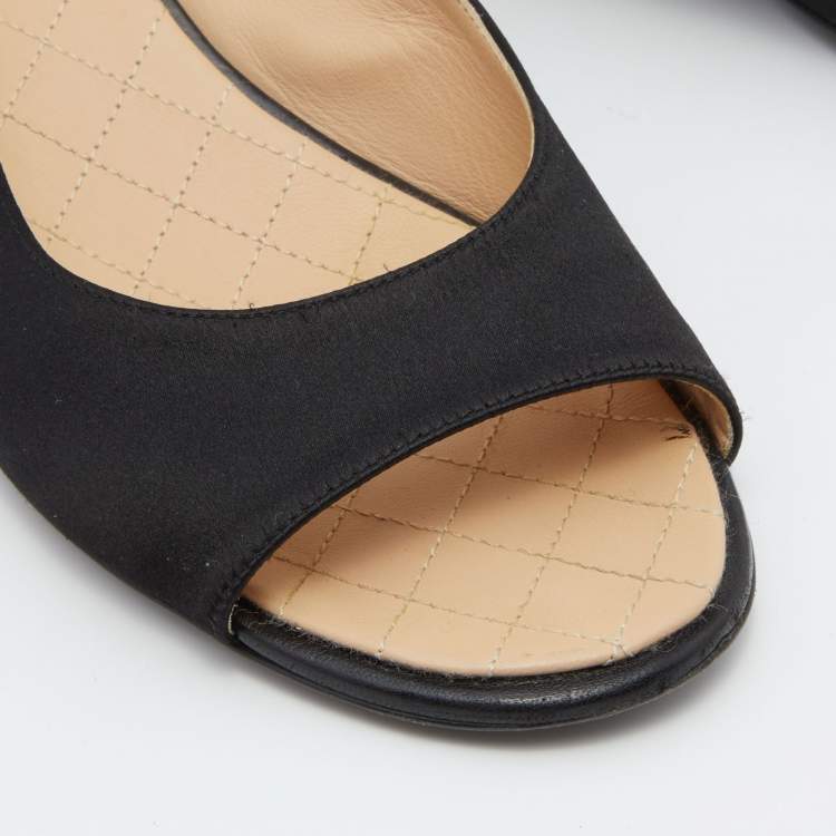 Pre Owned Chanel Black Satin Open Toe Block Heel Slingback Pumps Size 38.5