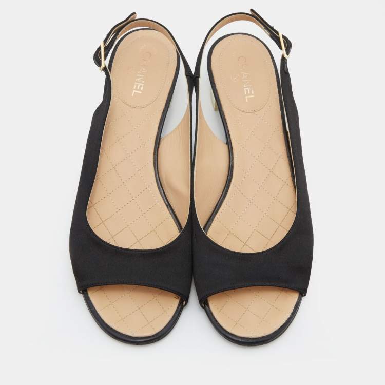 Pre Owned Chanel Black Satin Open Toe Block Heel Slingback Pumps Size 38.5