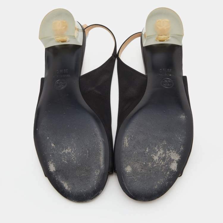 Pre Owned Chanel Black Satin Open Toe Block Heel Slingback Pumps Size 38.5