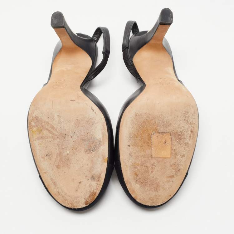 Pre Owned Chanel Black Leather Pearl Heel Slingback Pumps Size 40