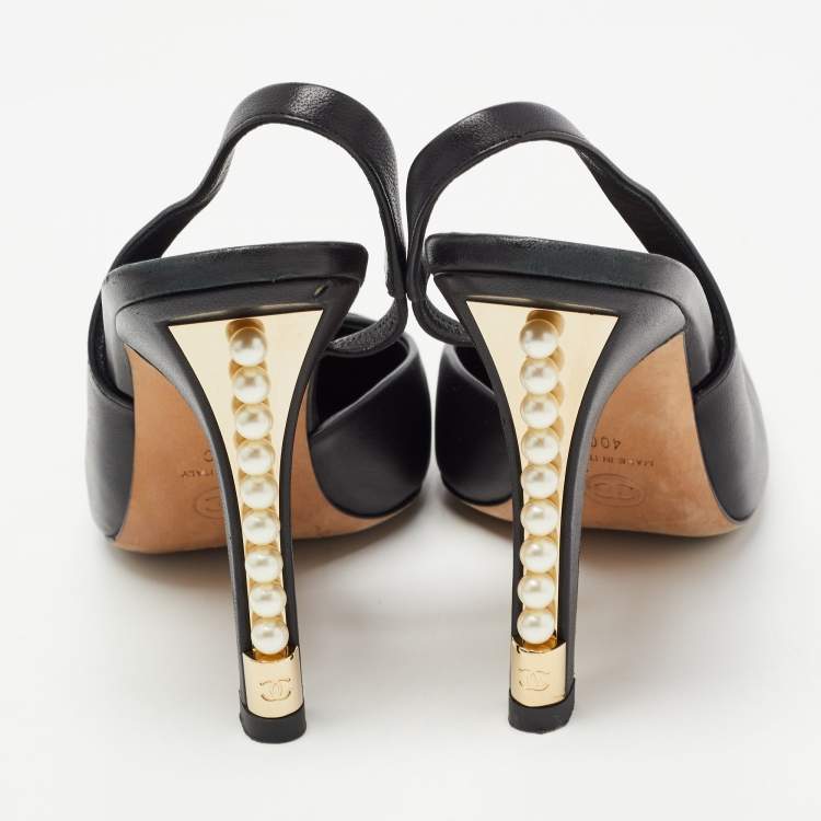 Pre Owned Chanel Black Leather Pearl Heel Slingback Pumps Size 40