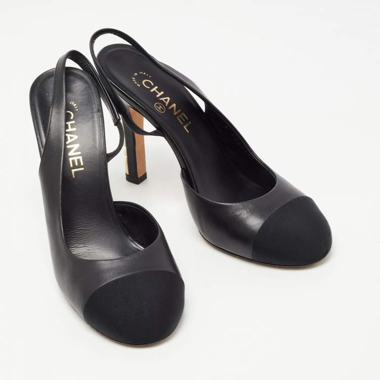 Pre Owned Chanel Black Leather Pearl Heel Slingback Pumps Size 40