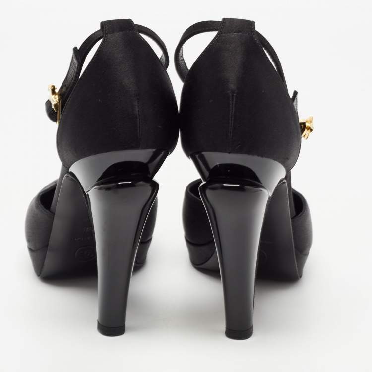 Pre Owned Chanel Black Satin Studded T-Strap Pumps Size 38
