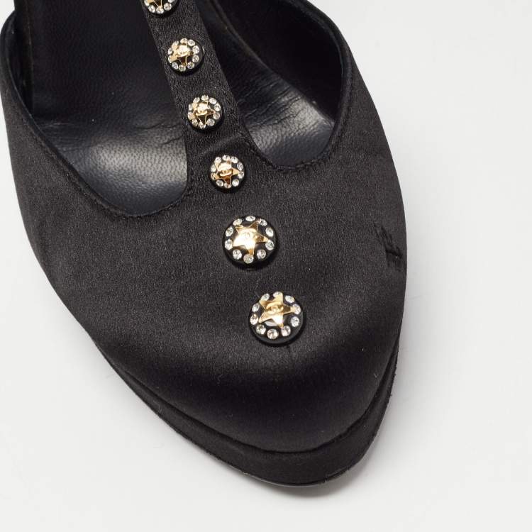 Pre Owned Chanel Black Satin Studded T-Strap Pumps Size 38