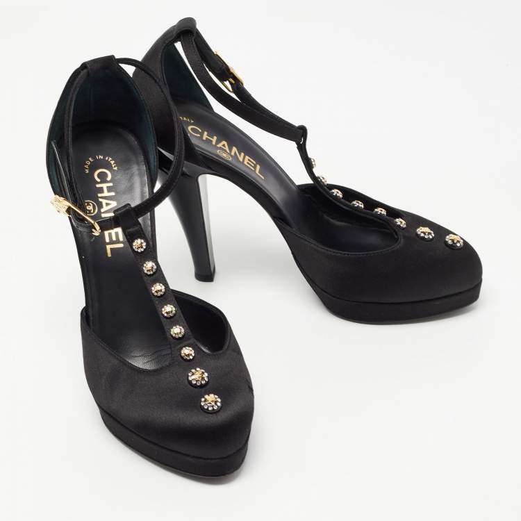 Pre Owned Chanel Black Satin Studded T-Strap Pumps Size 38