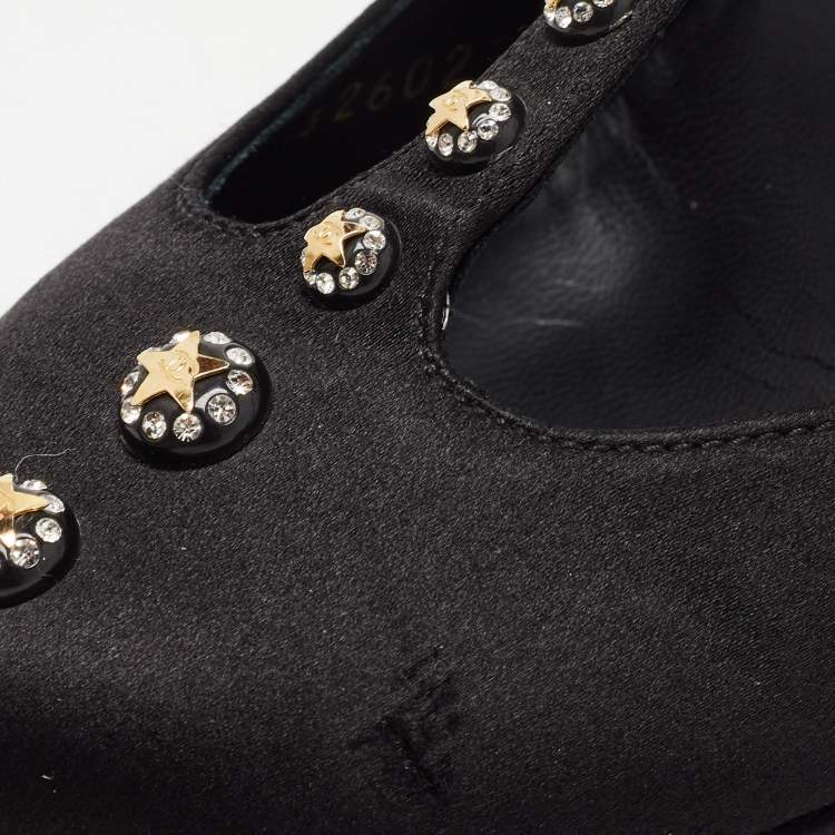 Pre Owned Chanel Black Satin Studded T-Strap Pumps Size 38