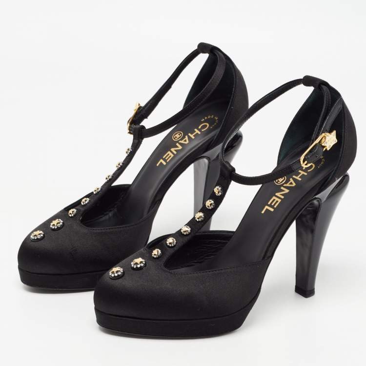 Pre Owned Chanel Black Satin Studded T-Strap Pumps Size 38