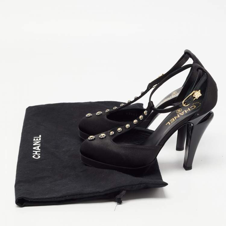 Pre Owned Chanel Black Satin Studded T-Strap Pumps Size 38