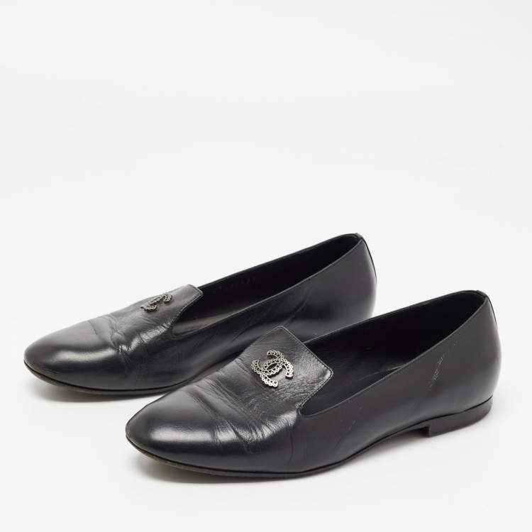 Chanel Black Leather CC Smoking Slippers Size 36 Chanel