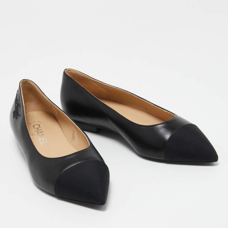 Pre Owned Chanel Black Leather and Canvas Cap Toe Ballet Flats Size 36