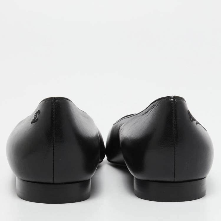 Pre Owned Chanel Black Leather and Canvas Cap Toe Ballet Flats Size 36