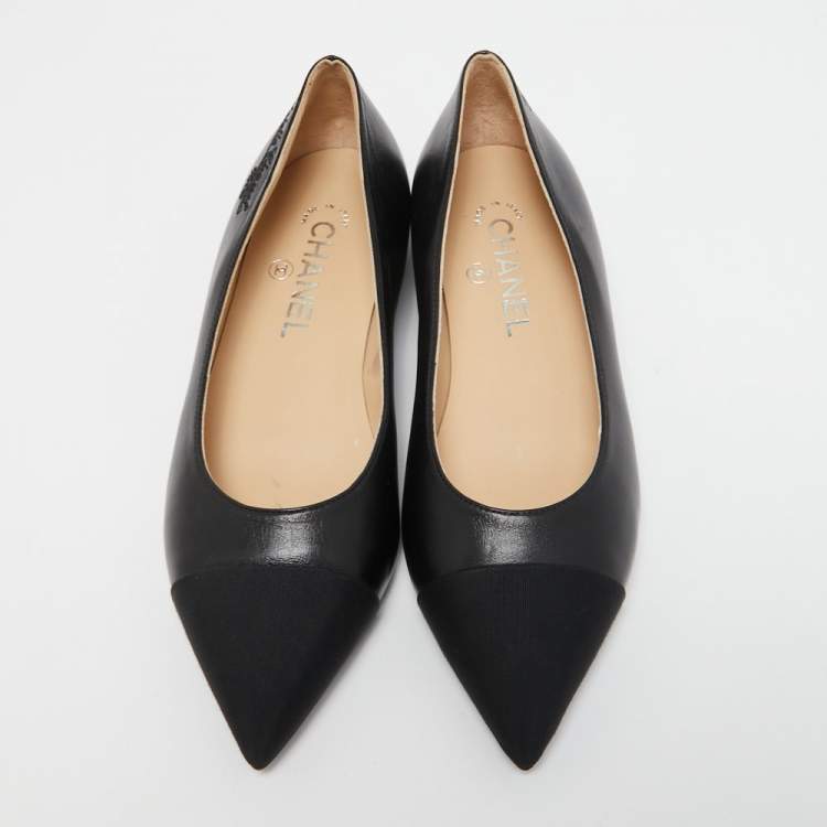 Pre Owned Chanel Black Leather and Canvas Cap Toe Ballet Flats Size 36