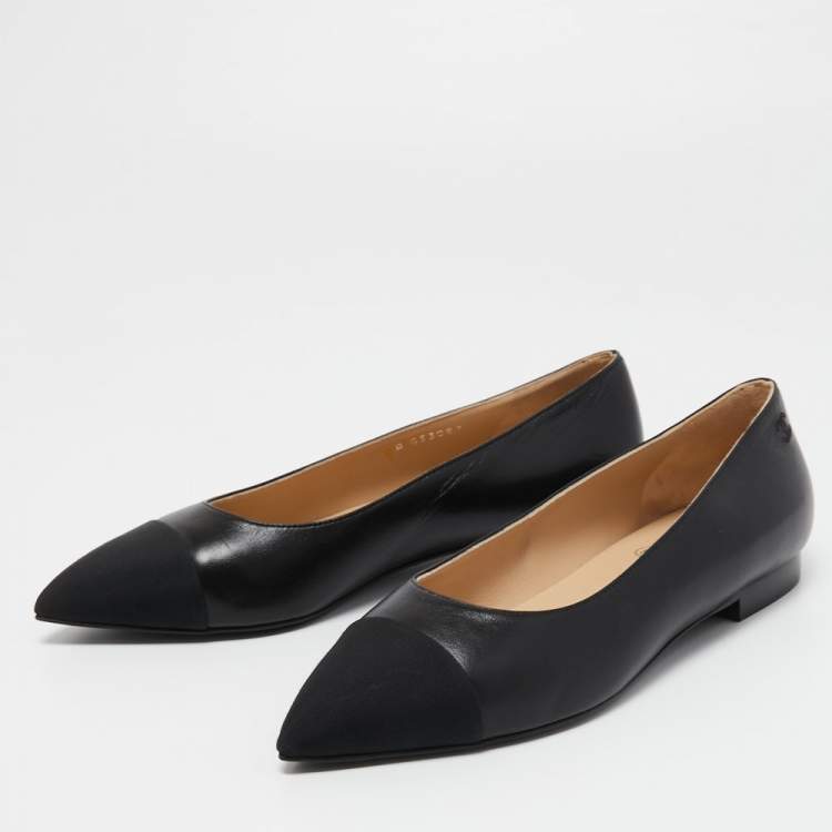 Pre Owned Chanel Black Leather and Canvas Cap Toe Ballet Flats Size 36